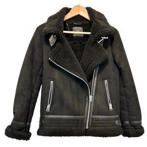Zara black faux suede moto jacket with Sherpa lining